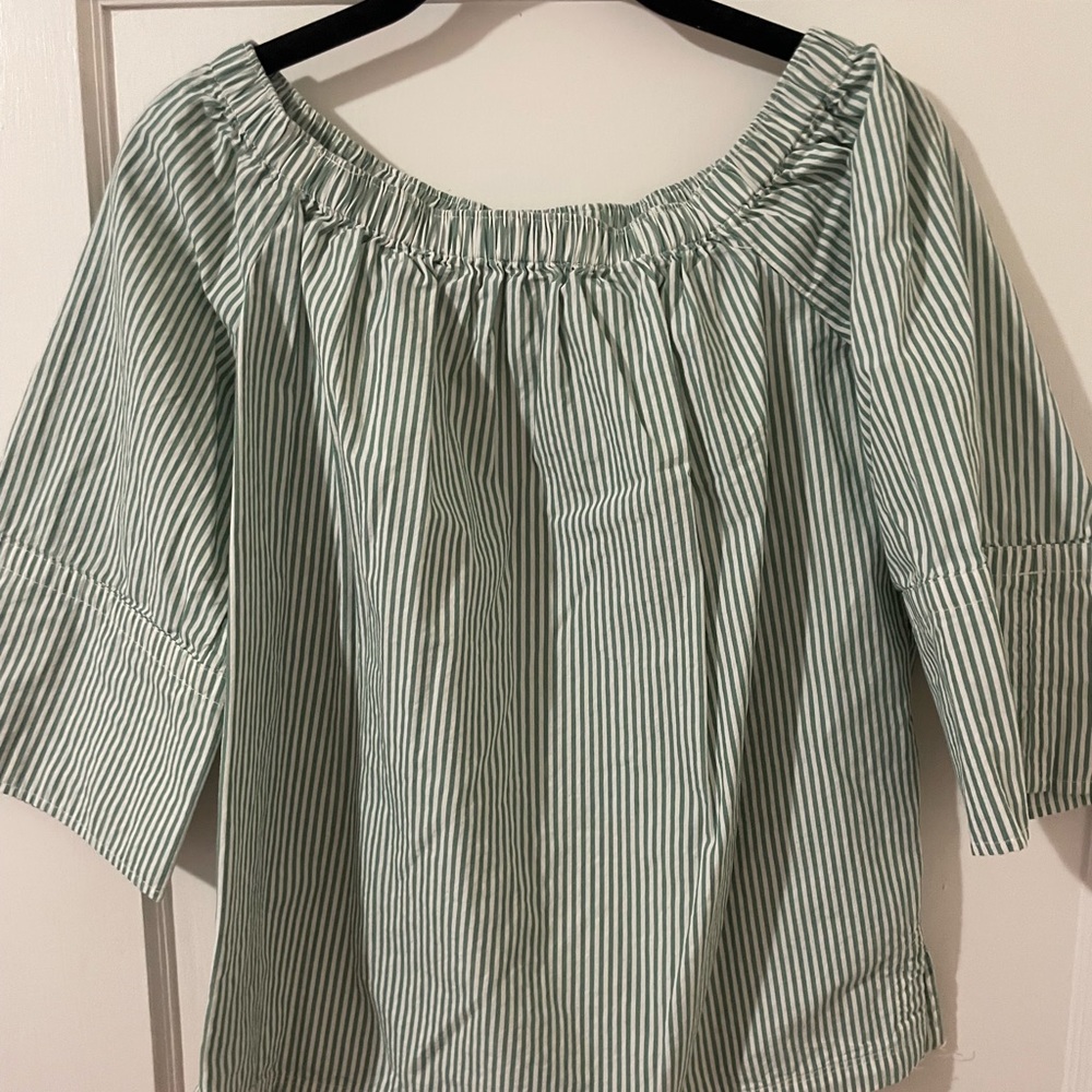 Green and white striped off the shoulder top